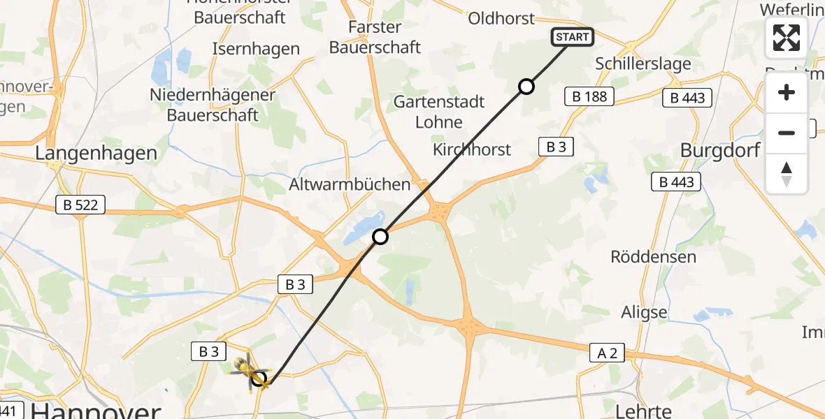 Flugroute Rettungshubschrauber Burgwedel - Hannover Luftrettung Hubschrauberlandeplatz (Christoph 4), 21 Mai 2026, 09:08