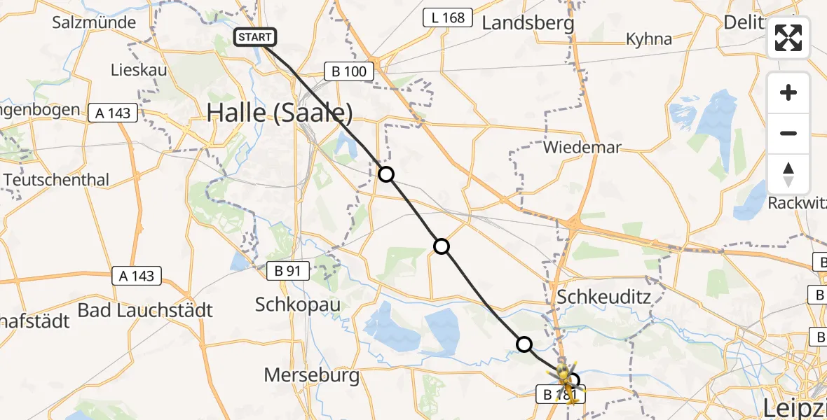 Flugroute Rettungshubschrauber Halle (Saale) - ADAC Air Rescue Station Leipzig/Schkeuditz-Dölzig Hubschrauberlandeplatz (Christoph 61), 21 Mai 2026, 09:21