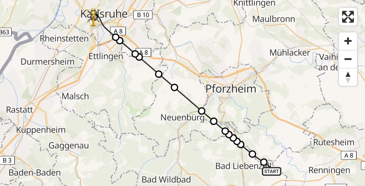 Flugroute Rettungshubschrauber Bad Liebenzell - Sankt Vincentius Hospital, 21 Mai 2026, 09:24