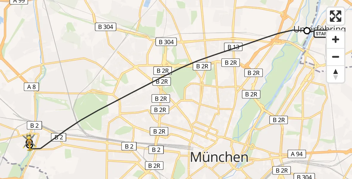 Flugroute Rettungshubschrauber Unterföhring - Helios Clinic Munich West, 21 Mai 2026, 09:24