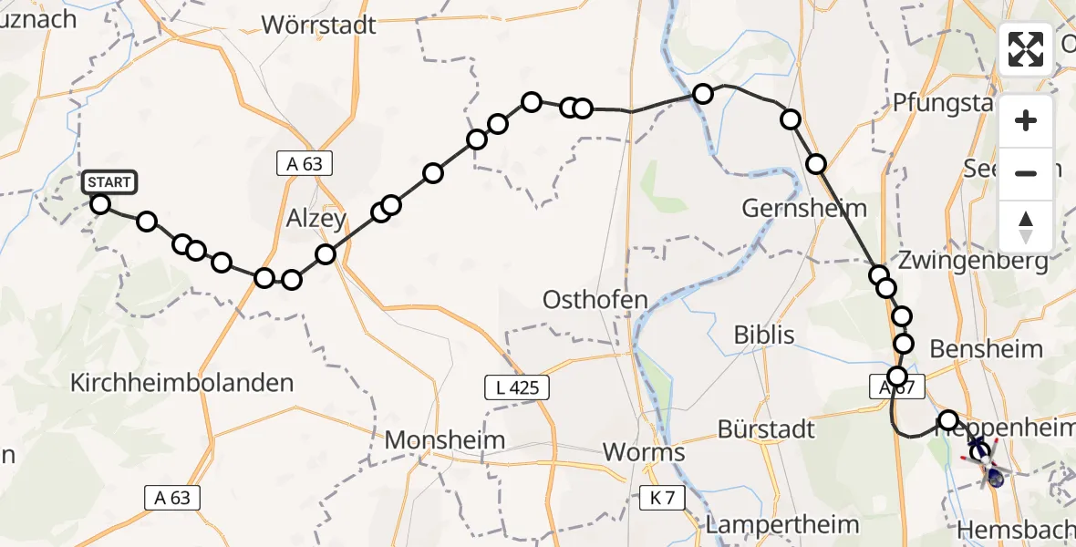 Flugroute Polizeihubschrauber Stein-Bockenheim - Segelflugplatz Heppenheim, 21 Mai 2026, 09:26