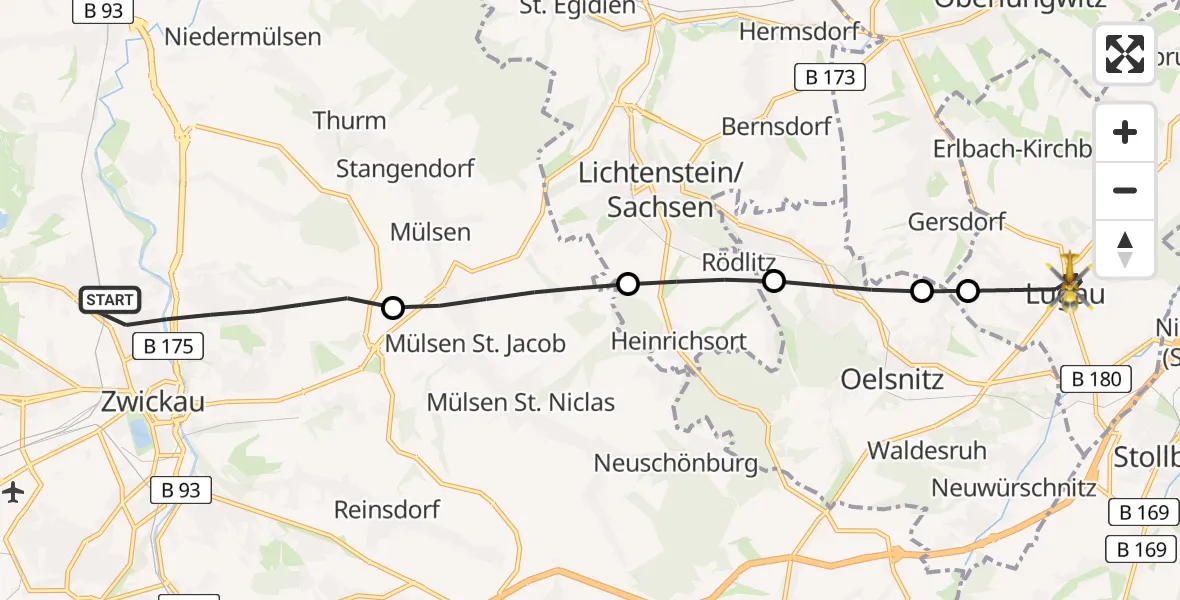 Flugroute Rettungshubschrauber Zwickau - Lugau/Erzgeb., 21 Mai 2026, 09:30