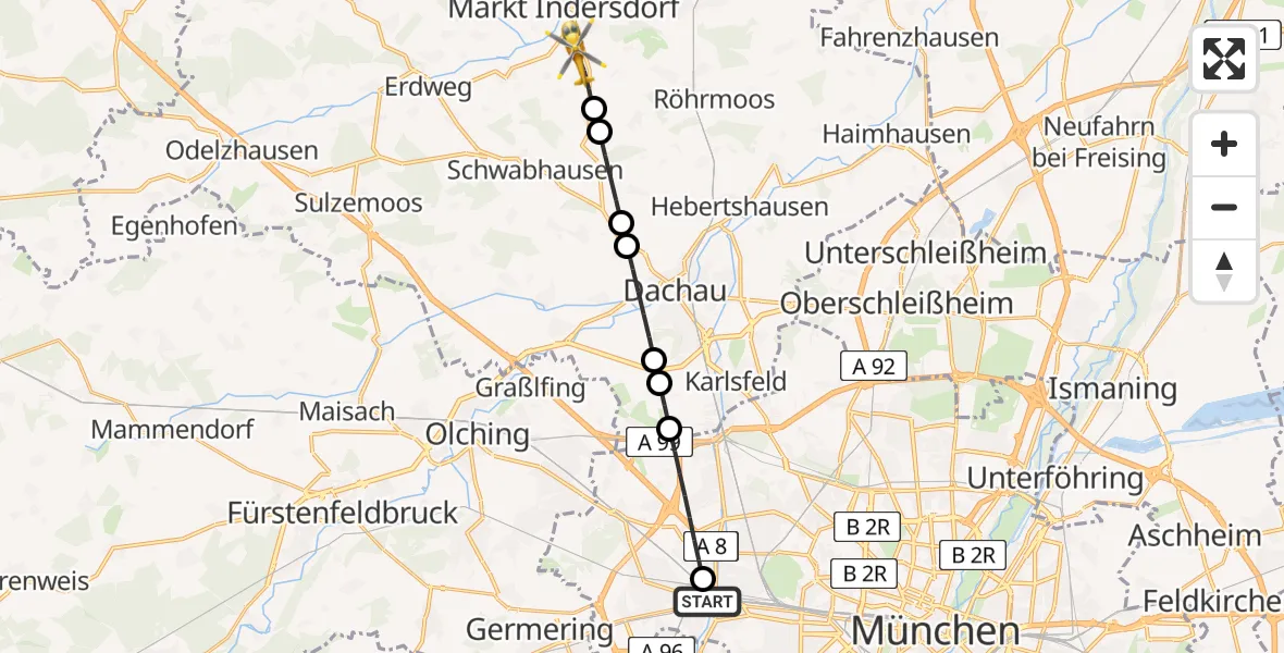 Flugroute Rettungshubschrauber Helios Clinic Munich West - Markt Indersdorf, 21 Mai 2026, 09:32