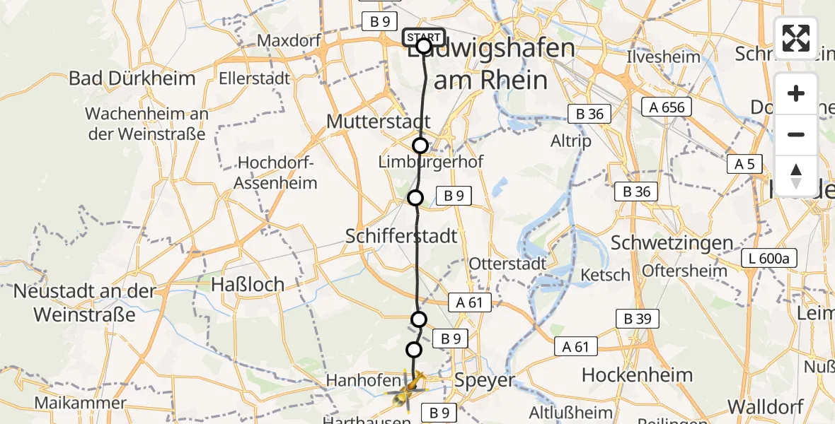 Flugroute Rettungshubschrauber Ludwigshafen Accident Hospital - Dudenhofen, 21 Mai 2026, 09:32