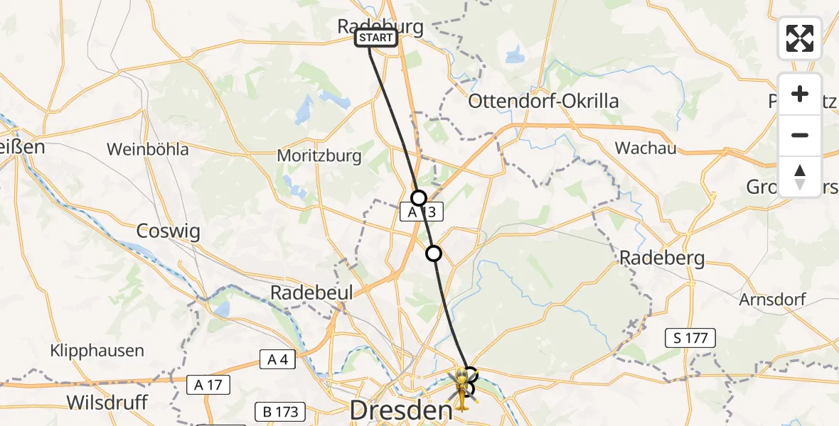 Flugroute Rettungshubschrauber Radeburg - Dresden University Hospital, 21 Mai 2026, 09:35