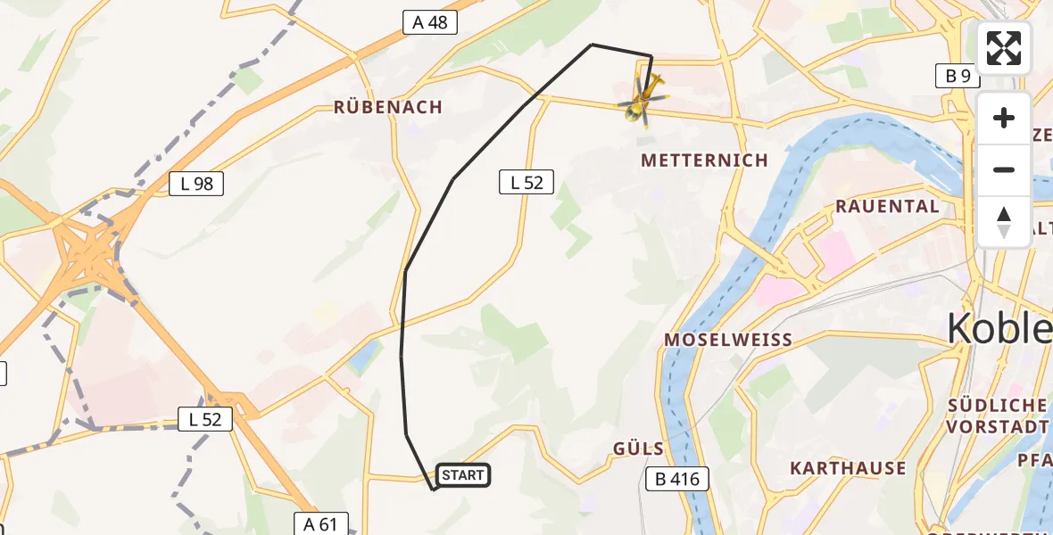 Flugroute Rettungshubschrauber Koblenz - Koblenz, 21 Mai 2026, 09:37