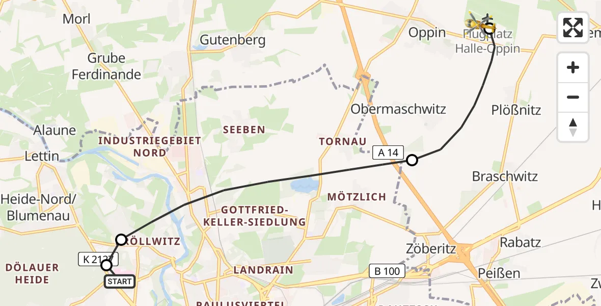 Flugroute Ambulanzhubschrauber Halle (Saale) University Hospital - Halle-Oppin Flugplatz, 21 Mai 2026, 09:45