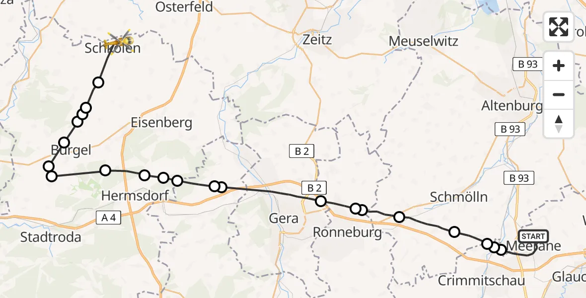 Flugroute Rettungshubschrauber Meerane - Schkölen, 21 Mai 2026, 09:48