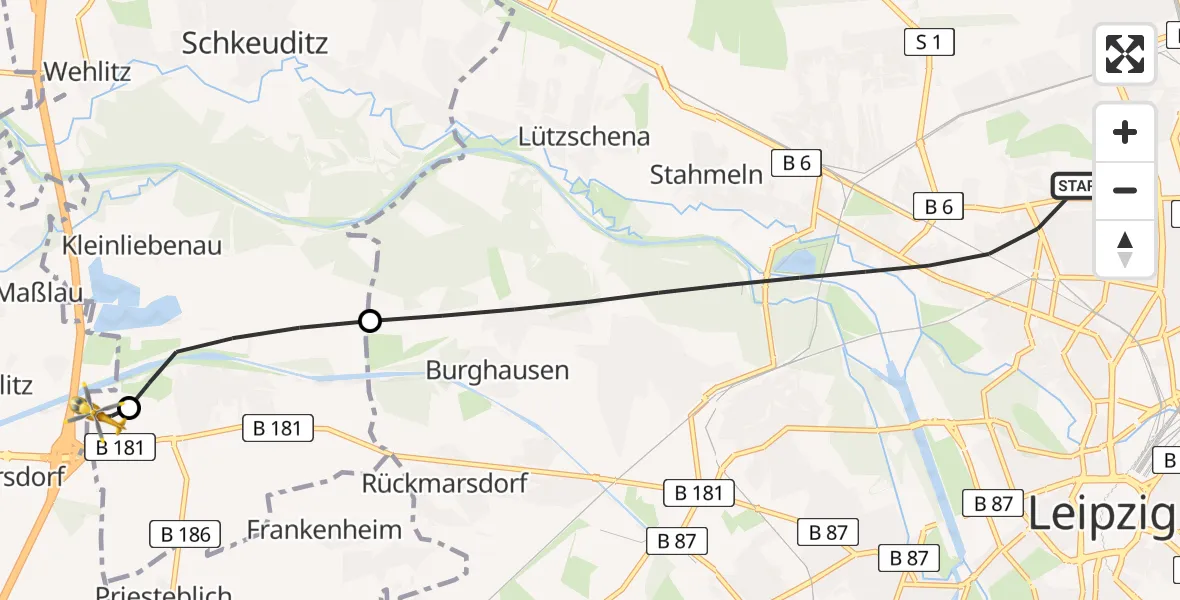 Flugroute Rettungshubschrauber Leipzig - ADAC Air Rescue Station Leipzig/Schkeuditz-Dölzig Hubschrauberlandeplatz (Christoph 61), 21 Mai 2026, 09:49