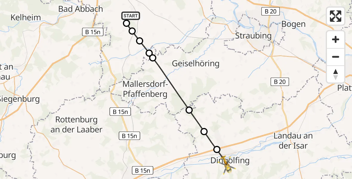 Flugroute Rettungshubschrauber Alteglofsheim - DonauIsar Hospital Dingolfing, 21 Mai 2026, 09:52