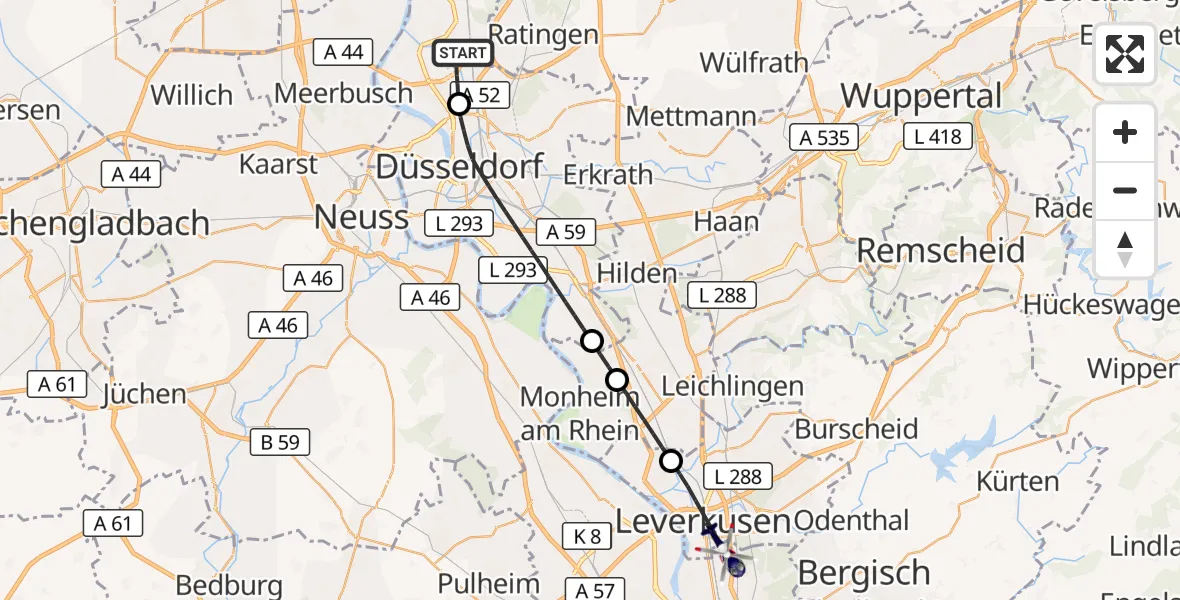 Flugroute Polizeihubschrauber Düsseldorf Flughafen - Leverkusen Flugplatz, 21 Mai 2026, 09:54