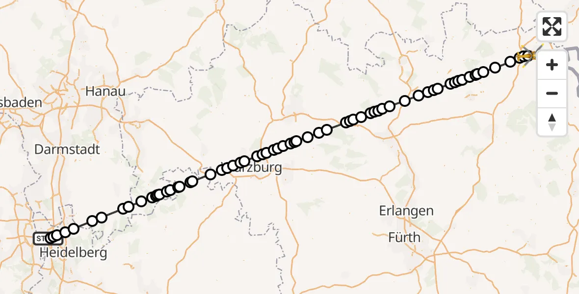 Flugroute Rettungshubschrauber Mannheim-City Flughafen - Hof-Plauen Flughafen, 21 Mai 2026, 09:57