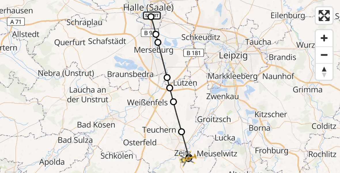 Flugroute Rettungshubschrauber BG Hospital Bergmannstrost Halle - Zeitz Hospital, 21 Mai 2026, 09:57