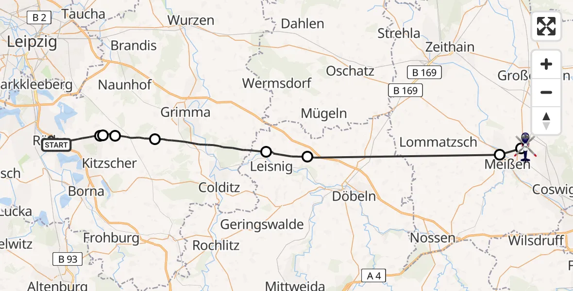 Flugroute Polizeihubschrauber Rötha - Niederau, 21 Mai 2026, 10:01