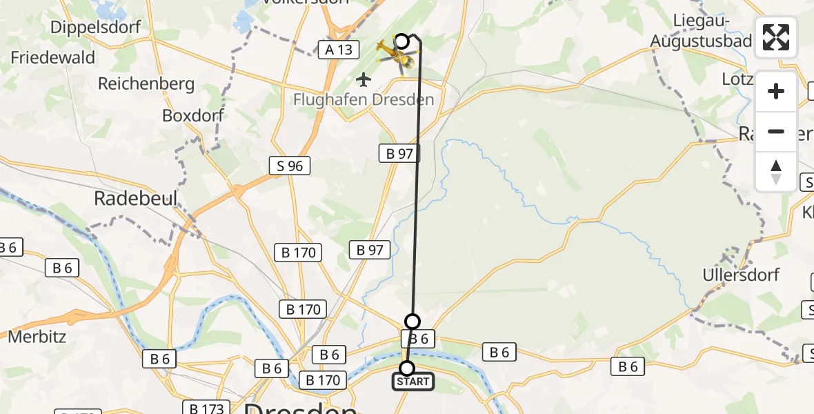 Flugroute Rettungshubschrauber Dresden University Hospital - Dresden Bundespolizei Hubschrauberlandeplatz, 21 Mai 2026, 10:02