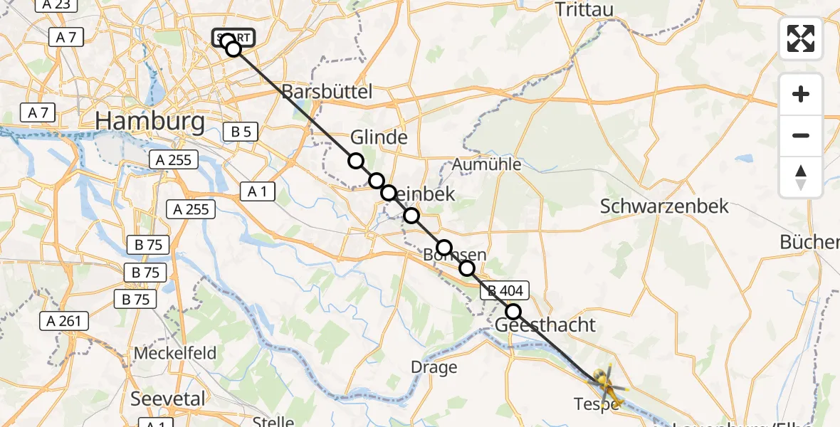 Flugroute Rettungshubschrauber Hamburg Military Hospital - Geesthacht, 21 Mai 2026, 10:02