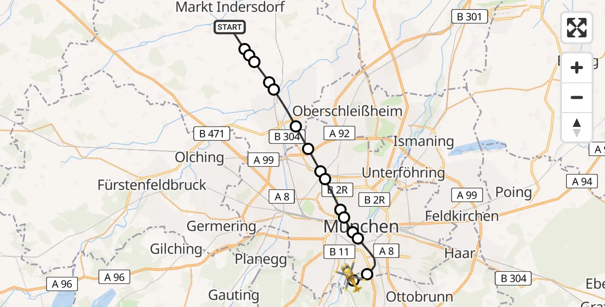 Flugroute Rettungshubschrauber Markt Indersdorf - ADAC Air Rescue Center Hubschrauberlandeplatz (Christoph 1), 21 Mai 2026, 10:12