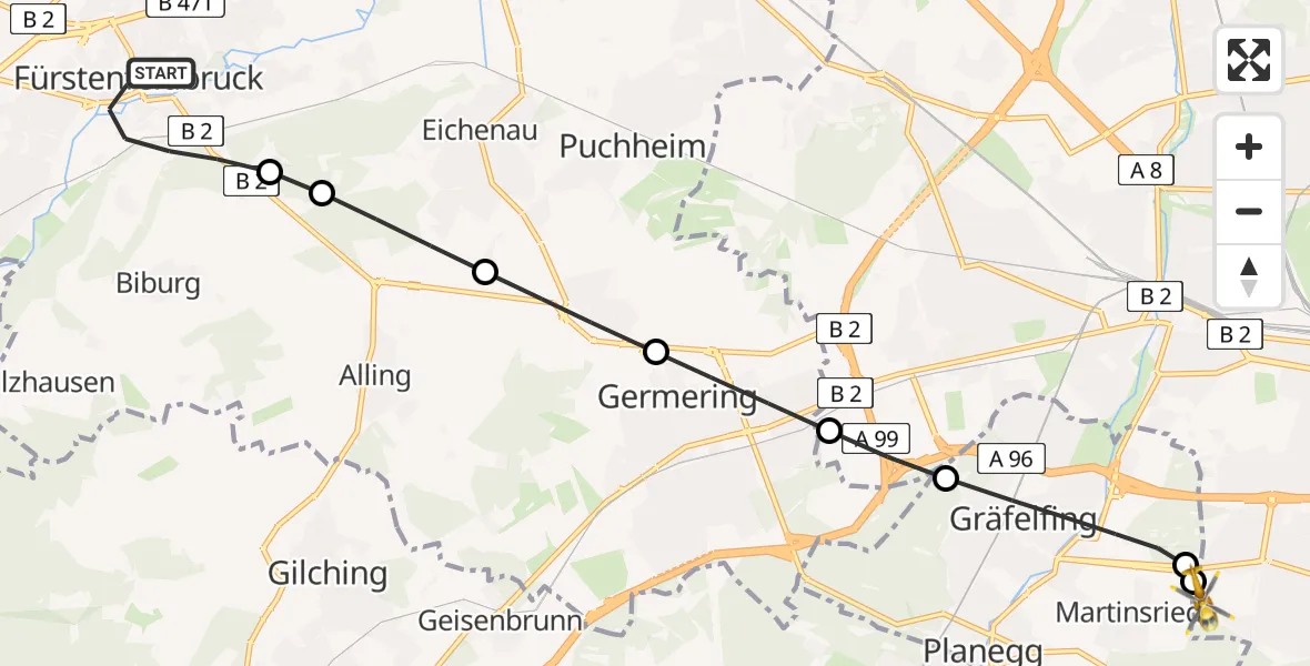 Flugroute Rettungshubschrauber Fürstenfeldbruck - DRF Air Rescue München Hubschrauberlandeplatz, 21 Mai 2026, 10:18