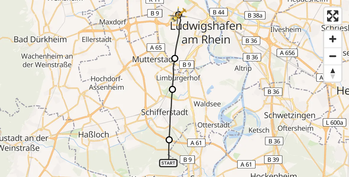 Flugroute Rettungshubschrauber Dudenhofen - Ludwigshafen Accident Hospital Hubschrauberlandeplatz, 21 Mai 2026, 10:23