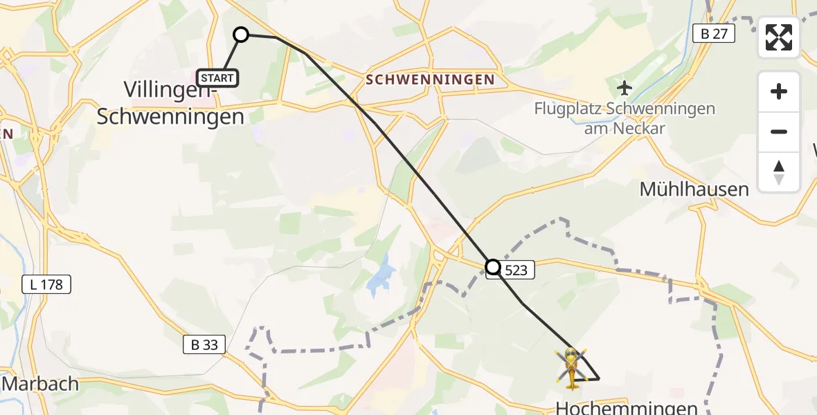 Flugroute Ambulanzhubschrauber DRF Air Rescue Station Villingen-Schwenningen Hubschrauberlandeplatz (Christoph 11) - Bad Dürrheim, 21 Mai 2026, 10:24