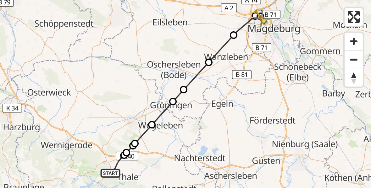 Flugroute Rettungshubschrauber Blankenburg (Harz) - Magdeburg Hospital, 21 Mai 2026, 10:31
