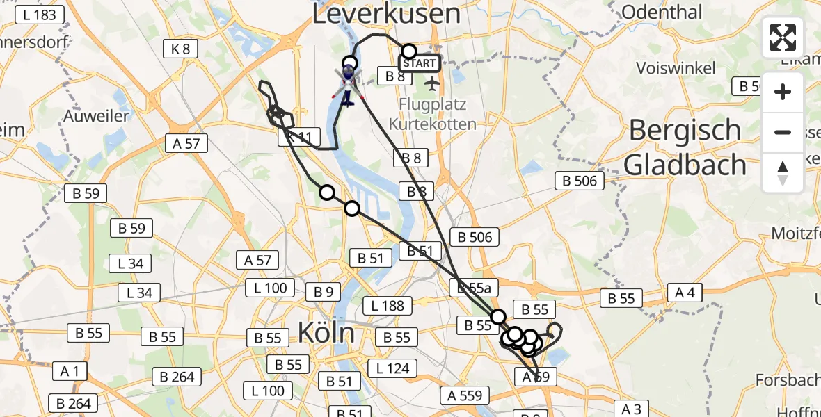 Flugroute Polizeihubschrauber Leverkusen Flugplatz - Köln, 21 Mai 2026, 10:31