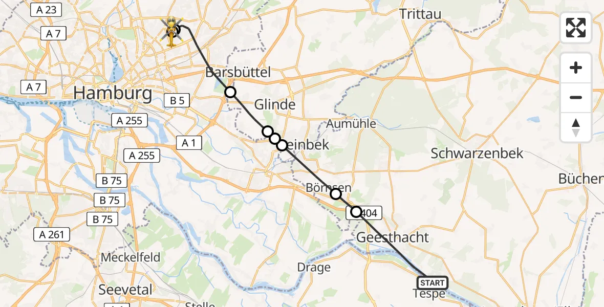 Flugroute Rettungshubschrauber Geesthacht - Hamburg Military Hospital, 21 Mai 2026, 10:33