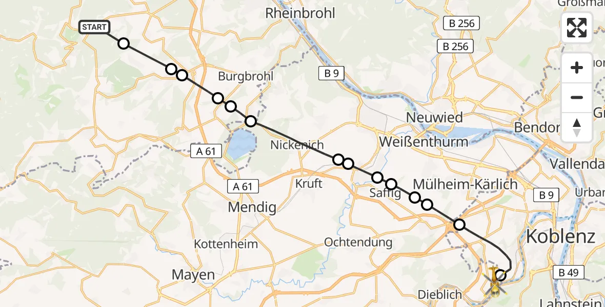 Flugroute Ambulanzhubschrauber Schalkenbach - Koblenz-Winningen Flugplatz, 21 Mai 2026, 10:37