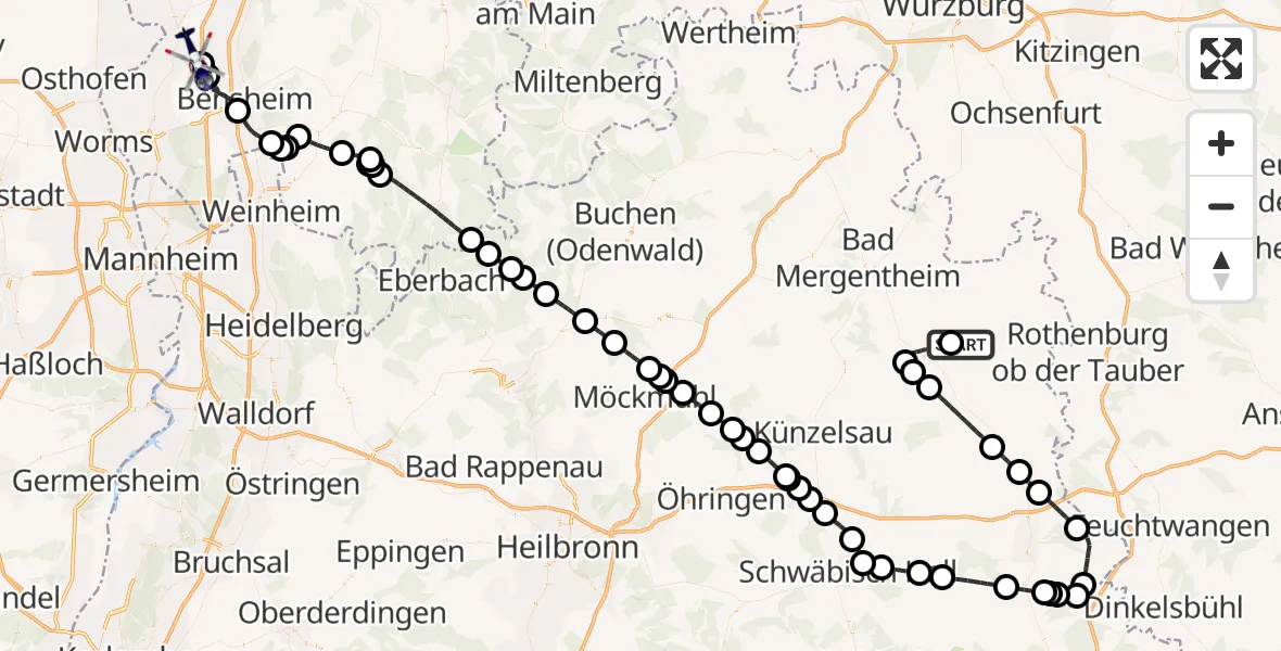 Flugroute Polizeihubschrauber Militärflugplatz Niederstetten - Gernsheim, 21 Mai 2026, 10:40