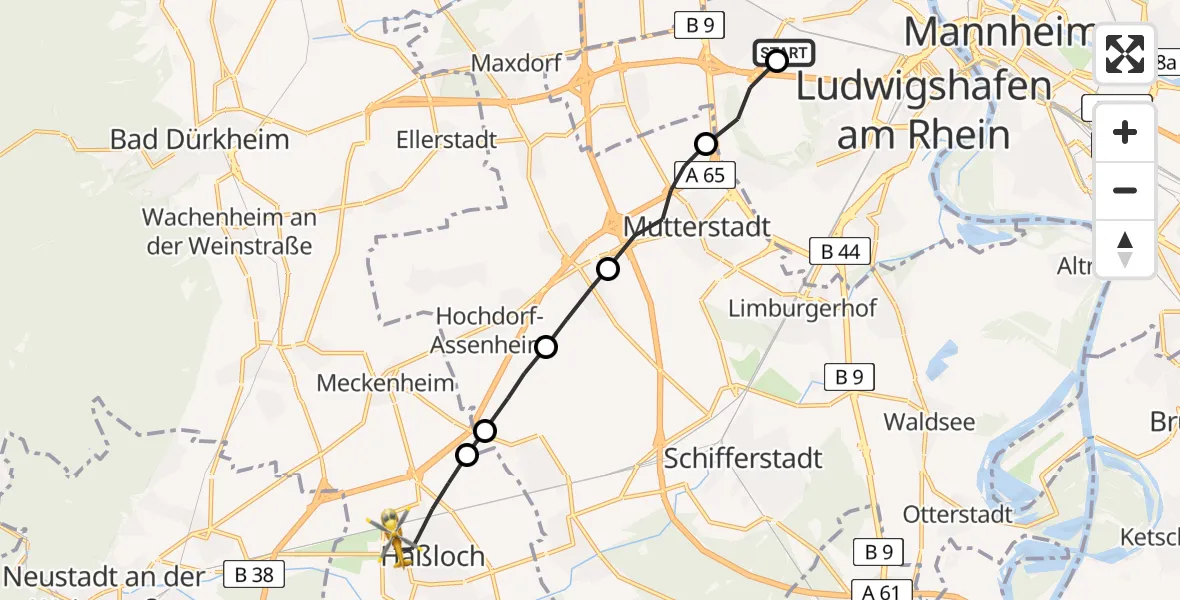 Flugroute Rettungshubschrauber Ludwigshafen Accident Hospital - Haßloch, 21 Mai 2026, 10:41