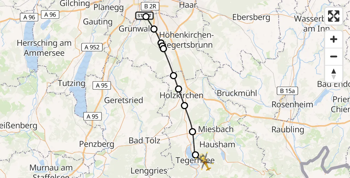 Flugroute Rettungshubschrauber ADAC Air Rescue Center Hubschrauberlandeplatz (Christoph 1) - Tegernsee, 21 Mai 2026, 10:43