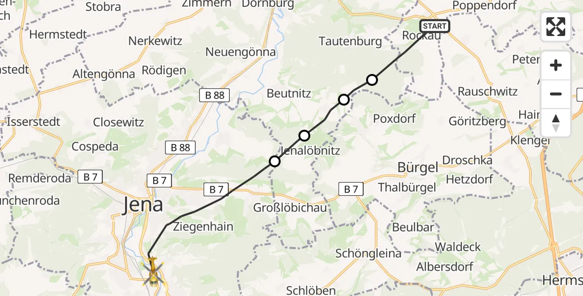 Flugroute Rettungshubschrauber Schkölen - Jena, 21 Mai 2026, 10:49
