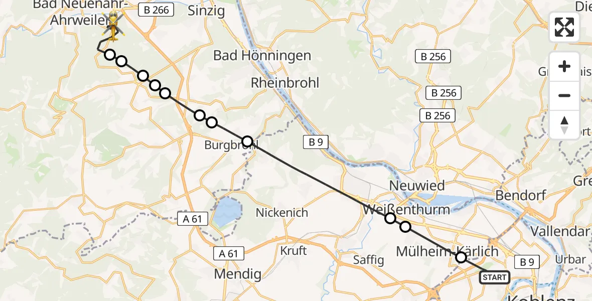 Flugroute Rettungshubschrauber Koblenz - Bad Neuenahr-Ahrweiler, 21 Mai 2026, 10:53