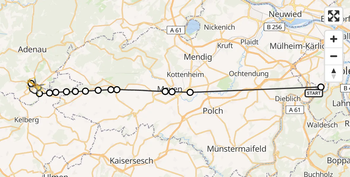 Flugroute Ambulanzhubschrauber Koblenz-Winningen Flugplatz - Nürburg, 21 Mai 2026, 11:01