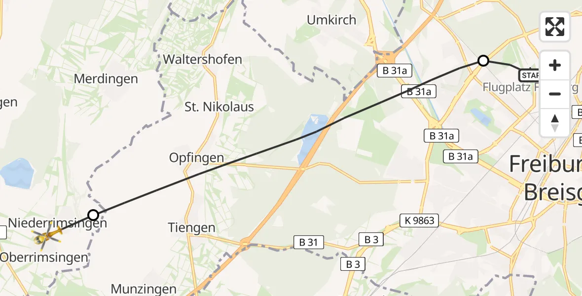 Flugroute Rettungshubschrauber Freiburg im Breisgau Flugplatz - Breisach am Rhein, 21 Mai 2026, 11:06