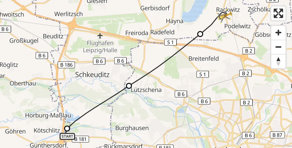 Flugroute Rettungshubschrauber ADAC Air Rescue Station Leipzig/Schkeuditz-Dölzig Hubschrauberlandeplatz (Christoph 61) - Rackwitz, 21 Mai 2026, 11:07