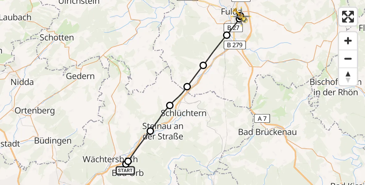 Flugroute Rettungshubschrauber Bad Orb - Fulda Hospital, 21 Mai 2026, 11:08