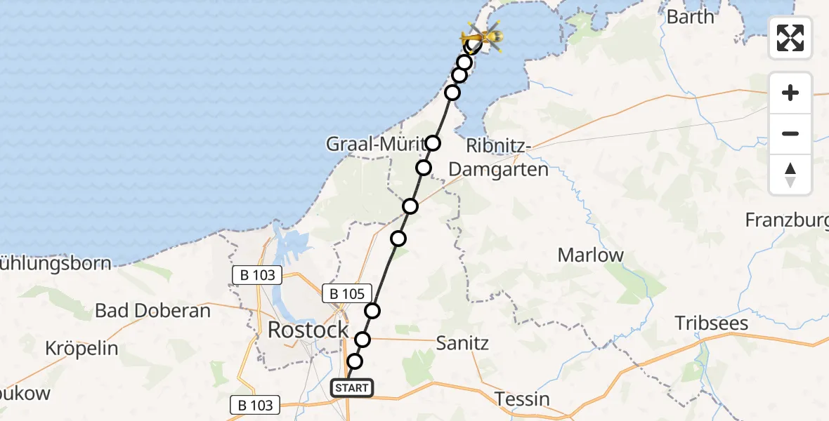 Flugroute Ambulanzhubschrauber Dummerstorf - Wustrow, 21 Mai 2026, 11:09