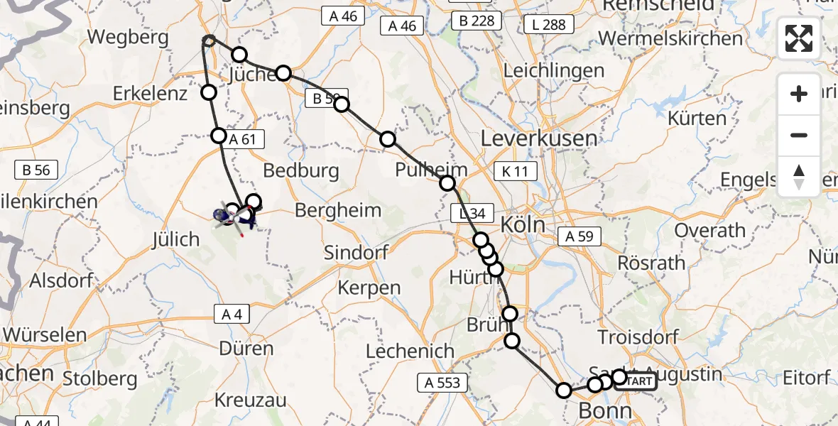 Flugroute Polizeihubschrauber Sankt Augustin - Titz, 21 Mai 2026, 11:10