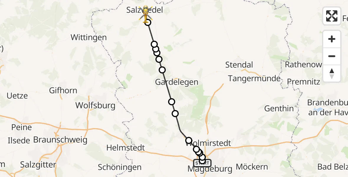 Flugroute Rettungshubschrauber Magdeburg Hospital - Salzwedel, 21 Mai 2026, 11:15