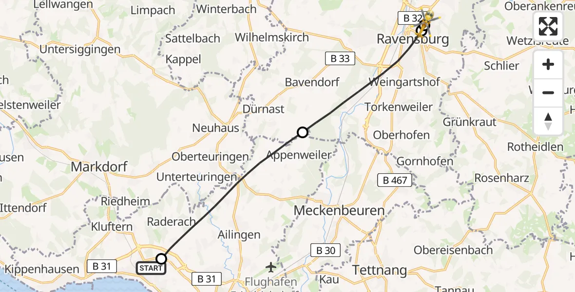Flugroute Rettungshubschrauber Friedrichshafen Hospital - Sankt Elisabeth Hospital, 21 Mai 2026, 11:15