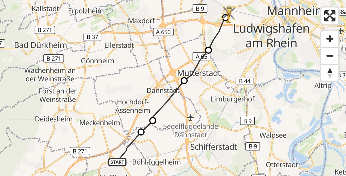 Flugroute Rettungshubschrauber Haßloch - Ludwigshafen Accident Hospital, 21 Mai 2026, 11:15