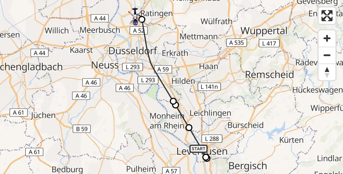 Flugroute Polizeihubschrauber Leverkusen - Düsseldorf Flughafen, 21 Mai 2026, 11:19