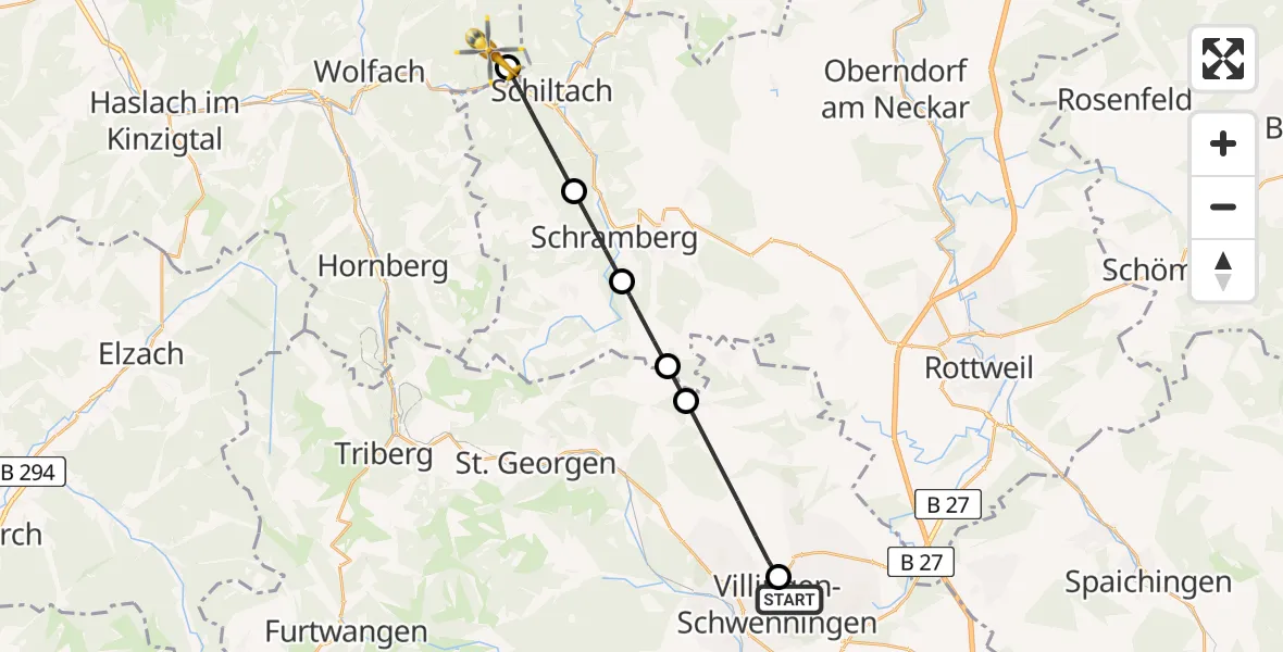 Flugroute Ambulanzhubschrauber DRF Air Rescue Station Villingen-Schwenningen Hubschrauberlandeplatz (Christoph 11) - Wolfach, 21 Mai 2026, 11:20