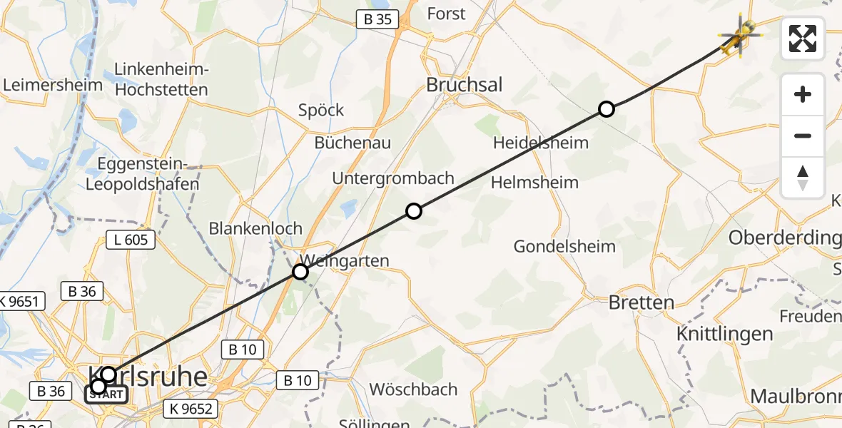 Flugroute Rettungshubschrauber Sankt Vincentius Hospital - Kraichtal, 21 Mai 2026, 11:28