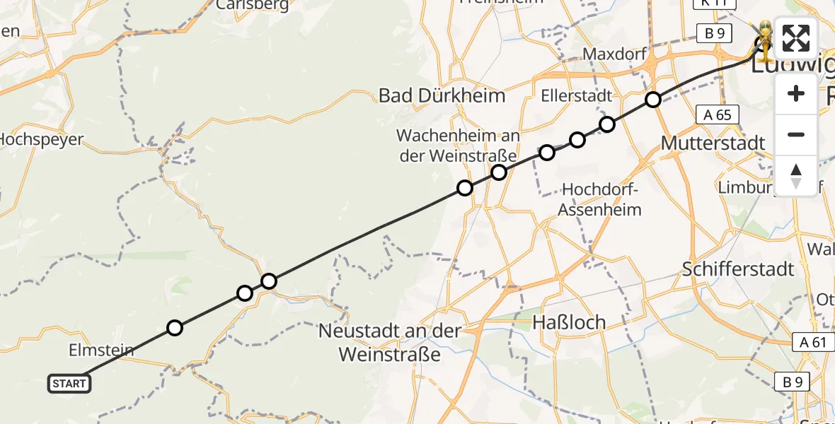 Flugroute Rettungshubschrauber Elmstein - Ludwigshafen Accident Hospital, 21 Mai 2026, 11:30