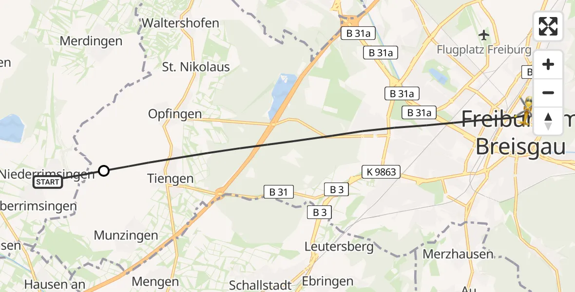 Flugroute Rettungshubschrauber Breisach am Rhein - Freiburg im Breisgau, 21 Mai 2026, 11:32