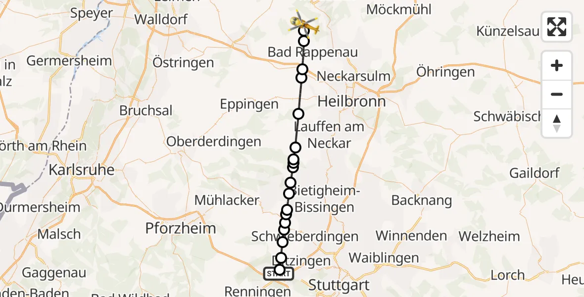 Flugroute Rettungshubschrauber Leonberg Hospital - Hüffenhardt, 21 Mai 2026, 11:34