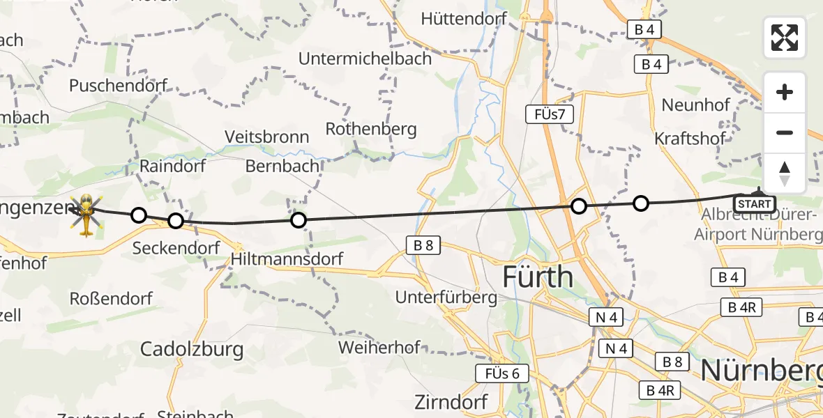 Flugroute Ambulanzhubschrauber Flughafen Nuremberg - Langenzenn, 21 Mai 2026, 11:35