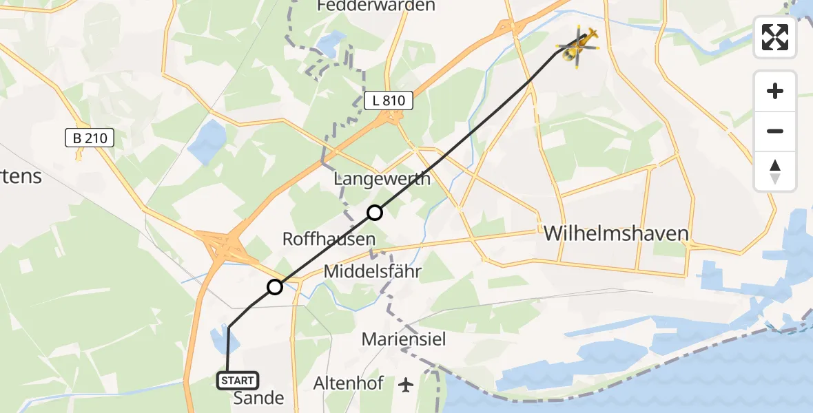 Flugroute Rettungshubschrauber Sande - Wilhelmshaven, 21 Mai 2026, 11:36